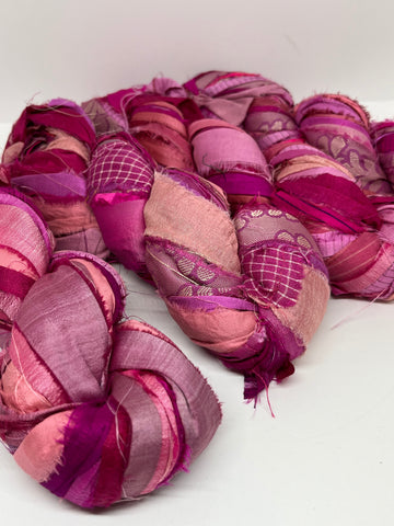 Sari silk ribbon, silk ribbon yarn. Mixed pink shades.