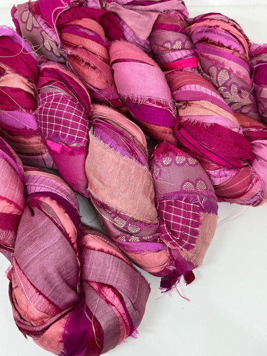 100g Recycled Sari Silk Ribbon Yarn, Jewellery Making Trim - Pink Mix