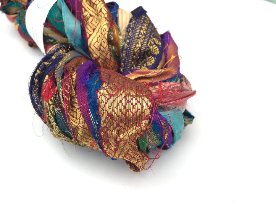 Sari border ribbons, metallic threads.