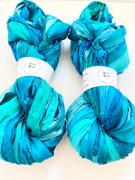 Sari silk ribbon yarn, turquoise blue.