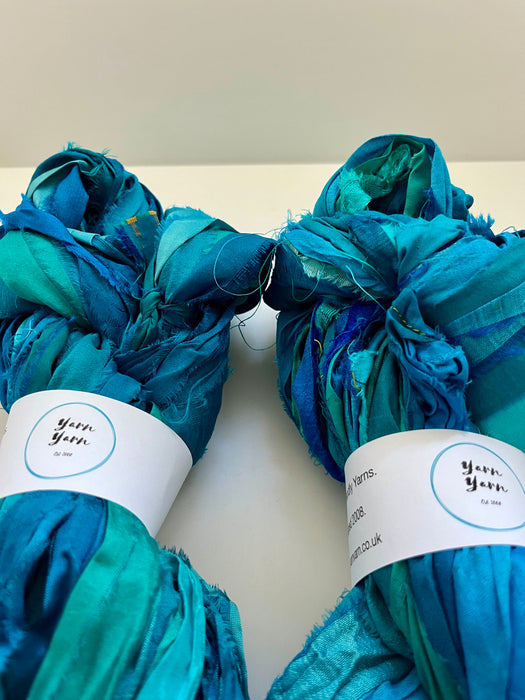 Sari silk ribbon yarn, turquoise blue.