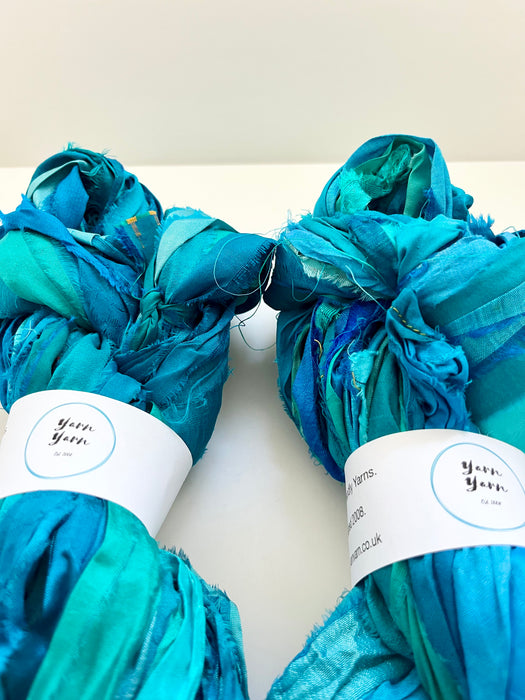 Sari silk ribbon yarn, turquoise blue.