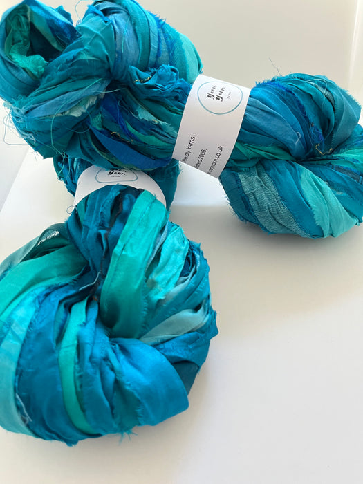 Sari silk ribbon yarn, turquoise blue.