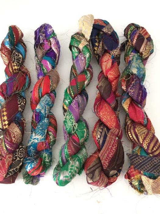 Sari border ribbons, metallic threads.