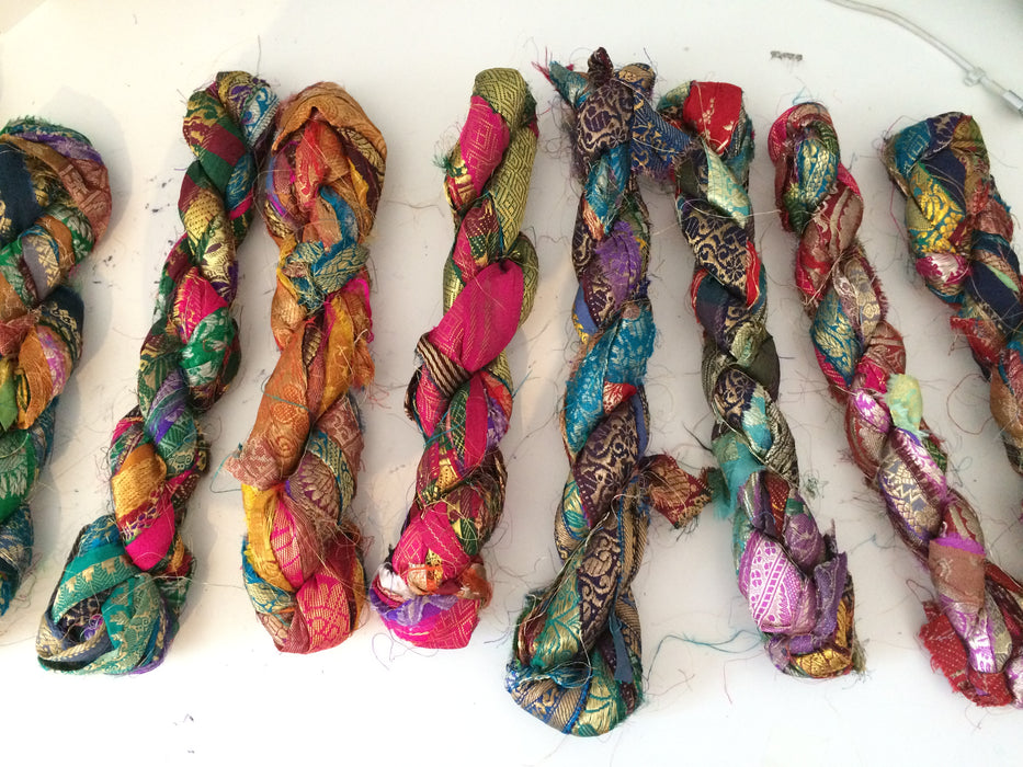 Sari border ribbons, metallic threads.