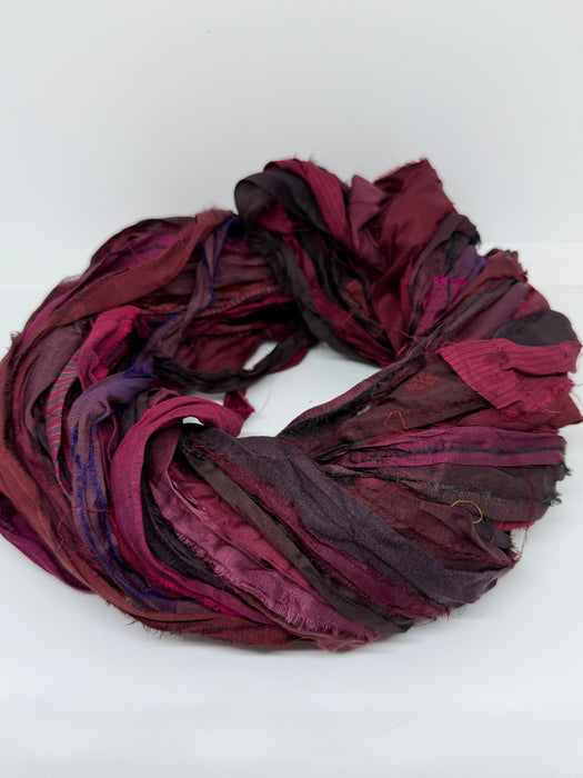 Sari silk ribbon yarn, wide strips. Ox Blood