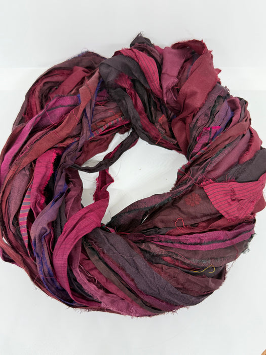 Sari silk ribbon yarn, wide strips. Ox Blood