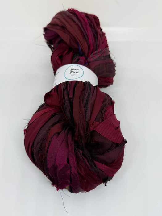 Sari silk ribbon yarn, wide strips. Ox Blood