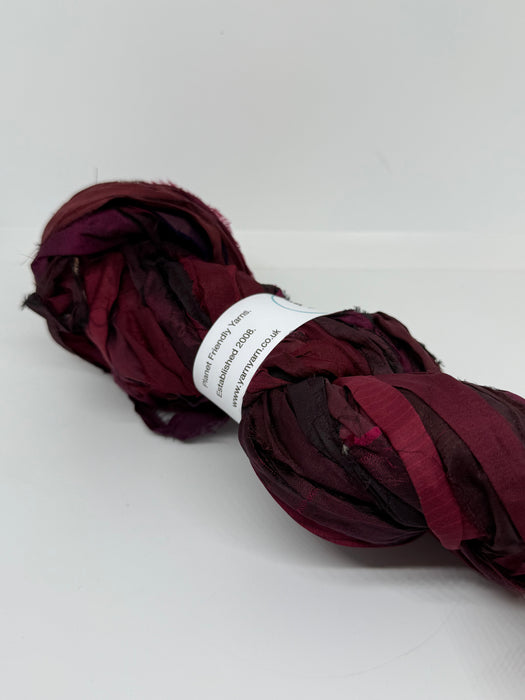 Sari silk ribbon yarn, wide strips. Ox Blood