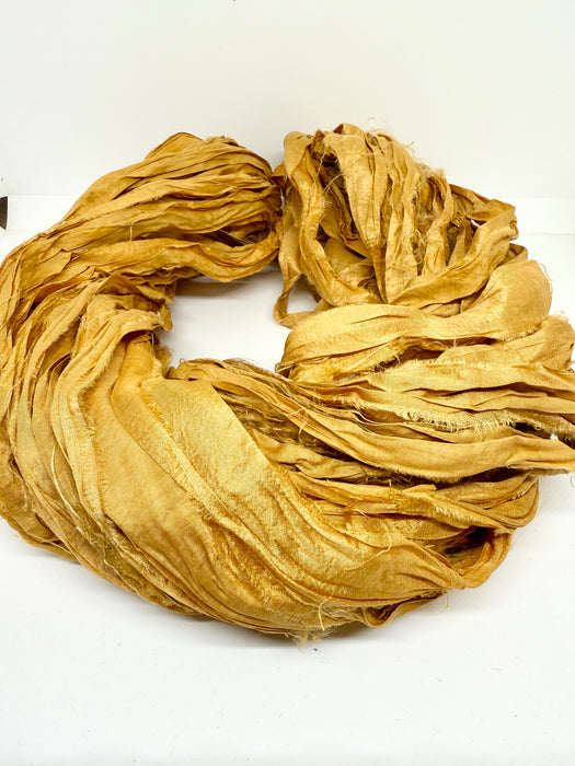 Sari silk ribbon yarn. Gold. Craft ribbon. fibre arts.