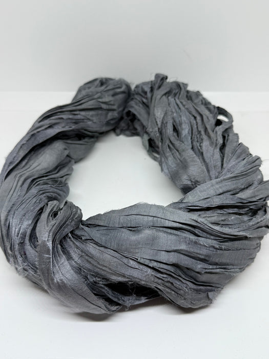 Sari silk ribbon yarn. Slate grey. Craft ribbon. fibre arts.