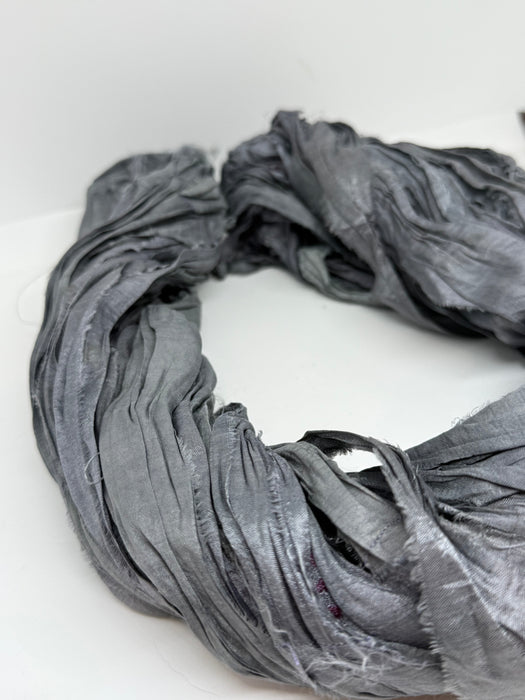 Sari silk ribbon yarn. Slate grey. Craft ribbon. fibre arts.