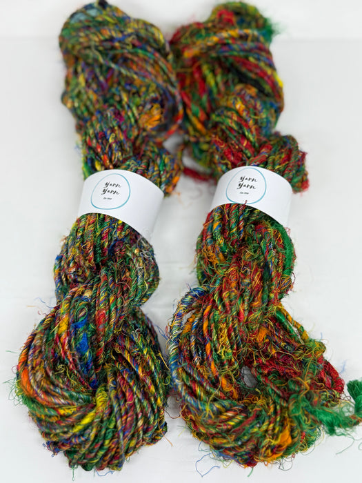 Banana yarn, mixed greens, vegan friendly yarn.