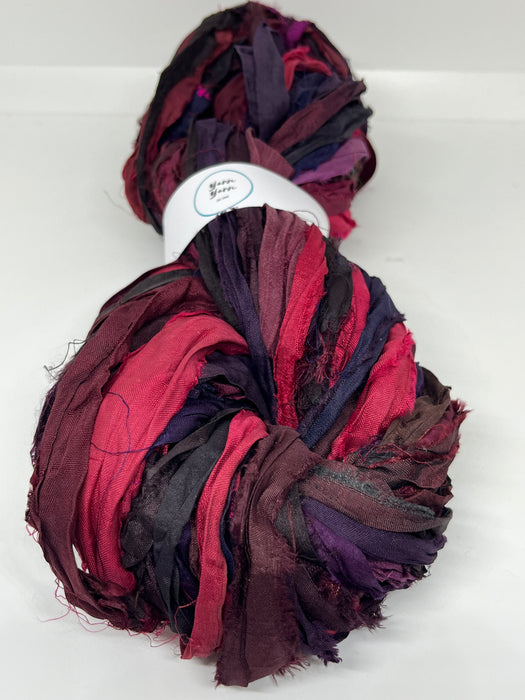 Sari silk ribbon yarn, wide strips. Ox Blood