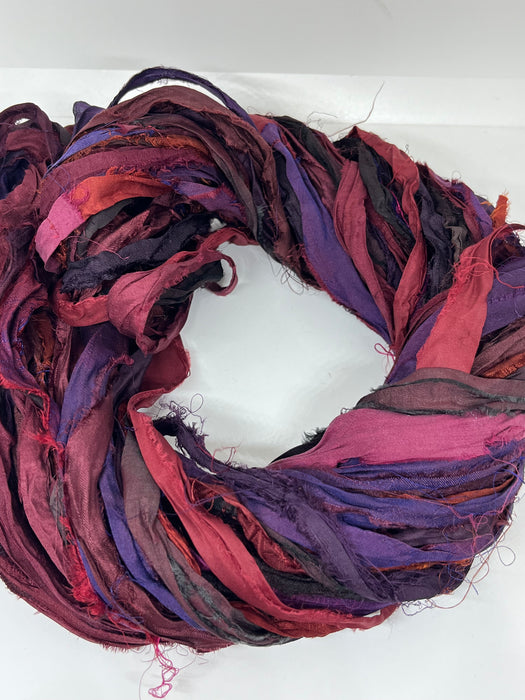 Sari silk ribbon yarn, wide strips. Ox Blood