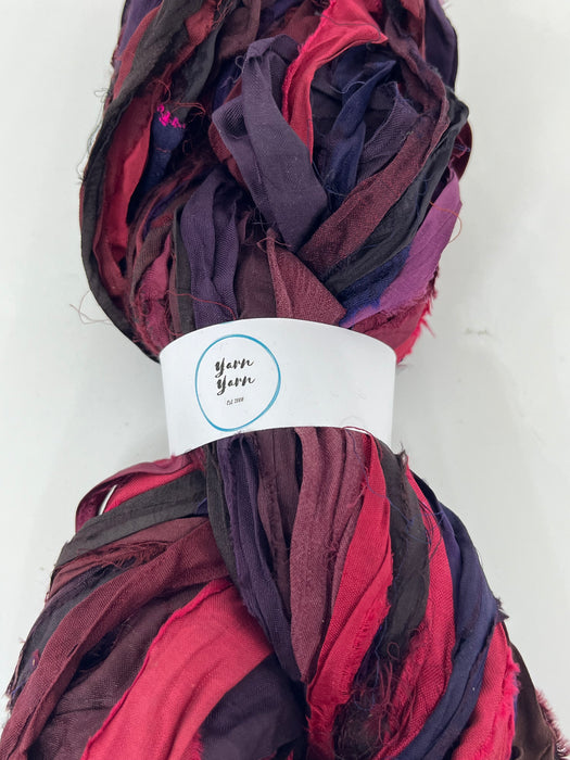 Sari silk ribbon yarn, wide strips. Ox Blood