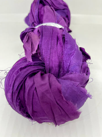 Sari silk ribbon yarn. Magenta plum. Craft ribbon. fibre arts.