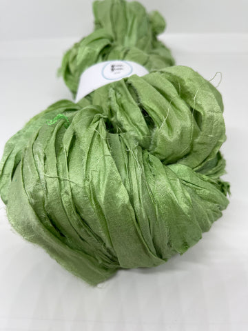 Sari silk ribbon yarn. Freshwater green. Craft ribbon. fibre arts.