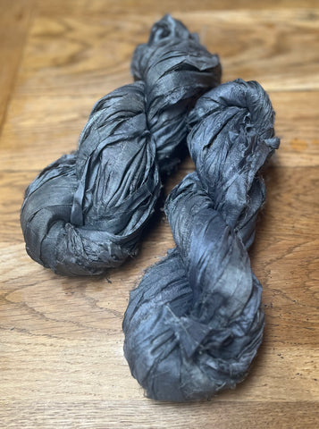 Sari silk ribbon yarn. Charcoal. Craft ribbon. fibre arts.