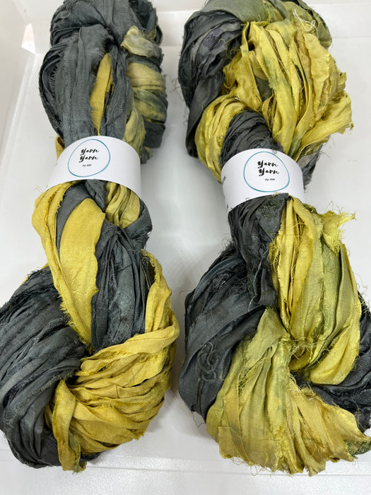 Sari silk ribbon yarn. Muted Greys and swamp green.