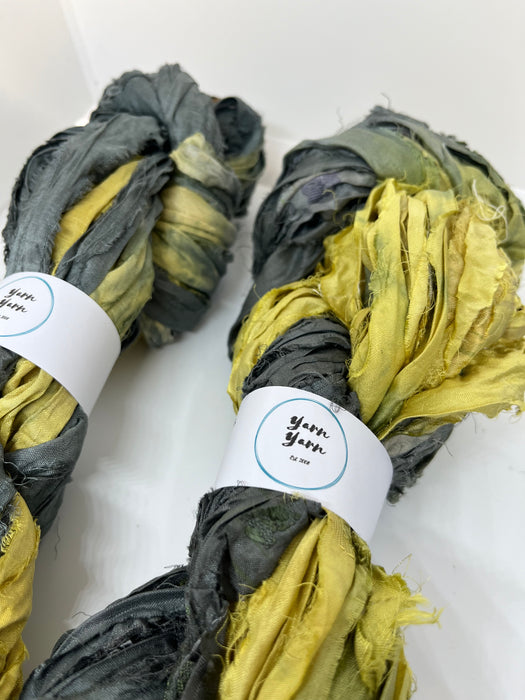 Sari silk ribbon yarn. Muted Greys and swamp green.