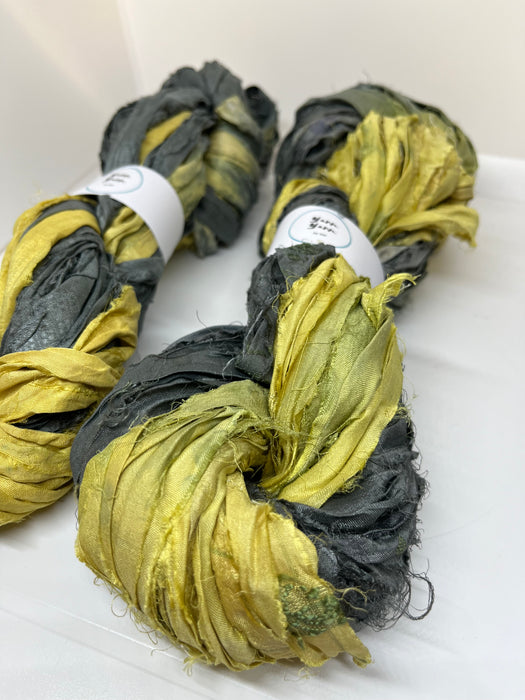 Sari silk ribbon yarn. Muted Greys and swamp green.