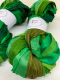 Sari silk ribbon, enchanted green, craft ribbon.